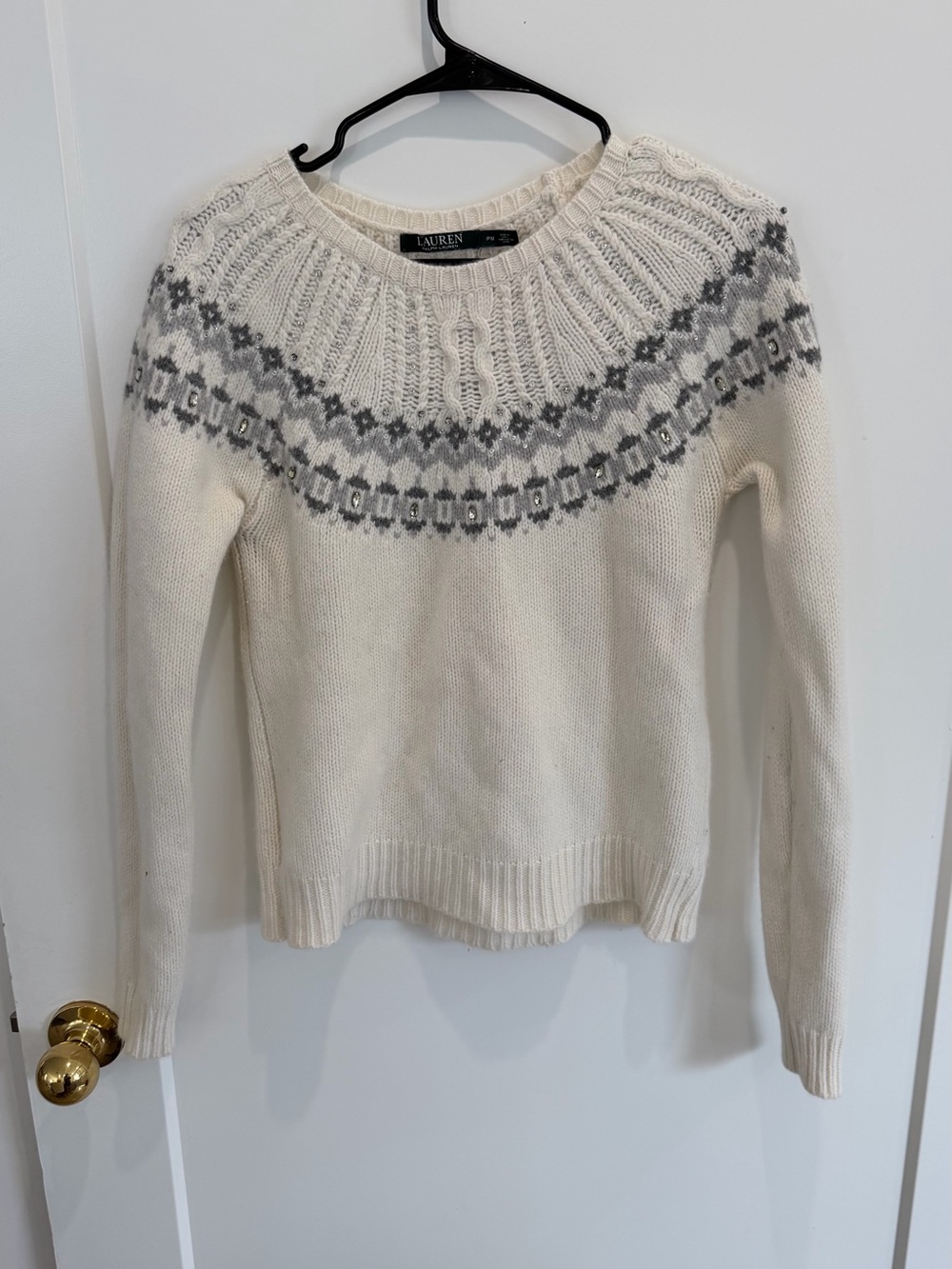 Lauren by Ralph Lauren White Beaded Fair Isle Pullover Sweater PM